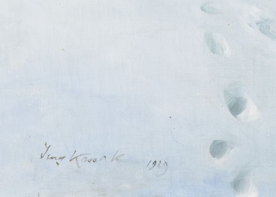 Jerzy Kossak, Napoleon ze sztabem obserwujący przeprawę wojska przez Dniepr, sygnatura artysty