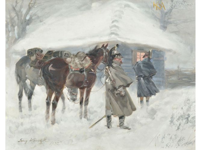 Jerzy Kossak, Żołnierze Napoleona przed chatą (1932)