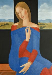 Roman Zakrzewski, Kobieta na tle okien w niebieskiej chuście (2010)